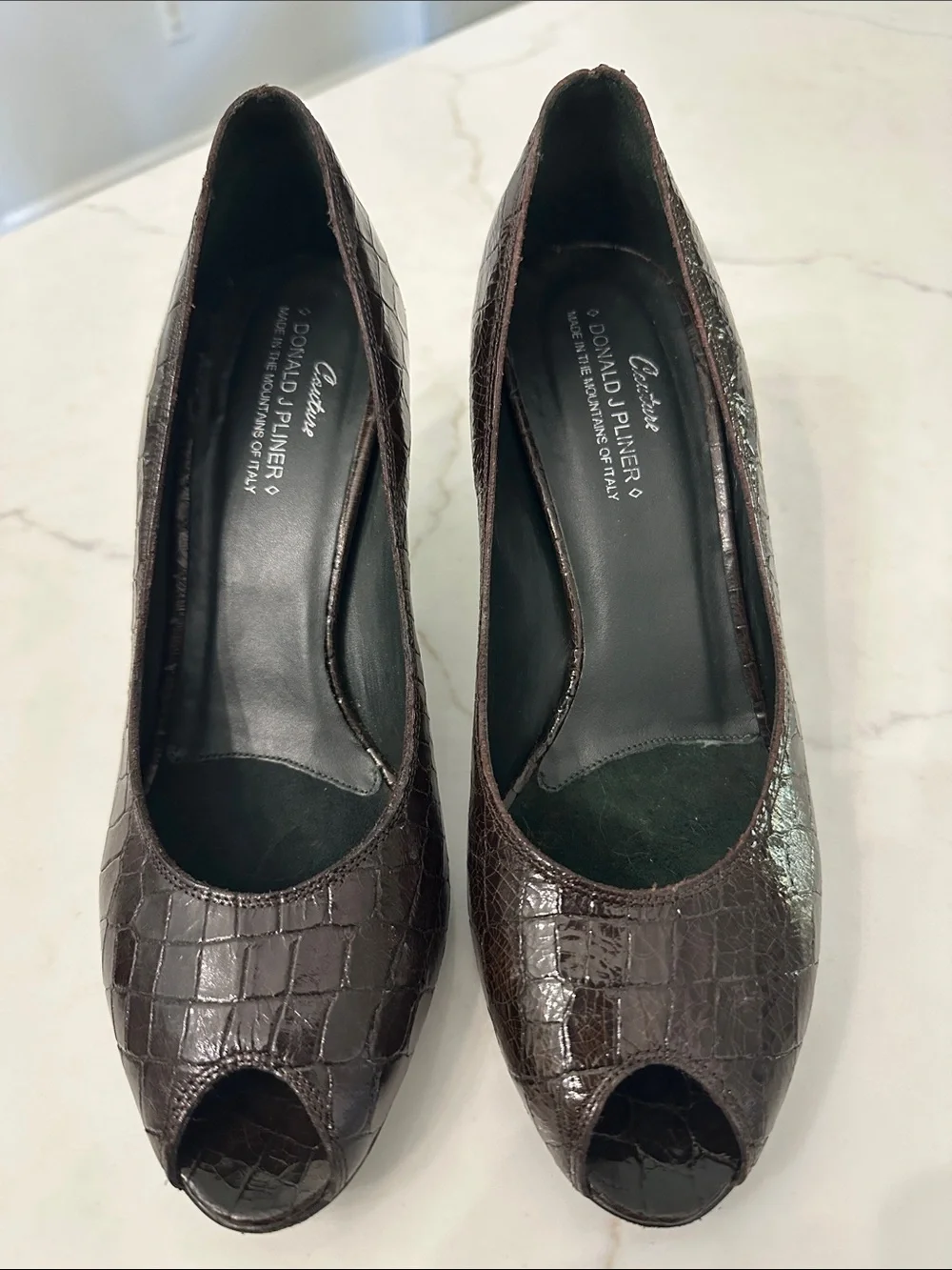 Donald J Pliner Coutoure Dark Brown Croc-Embossed Peep-Toe Pumps